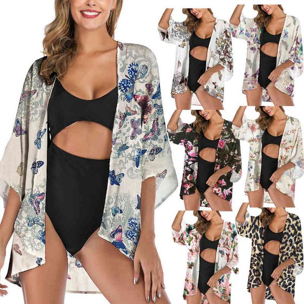 

new 2021 summer women's printed sunscreen 5-sve chiffon kimono shawl, White