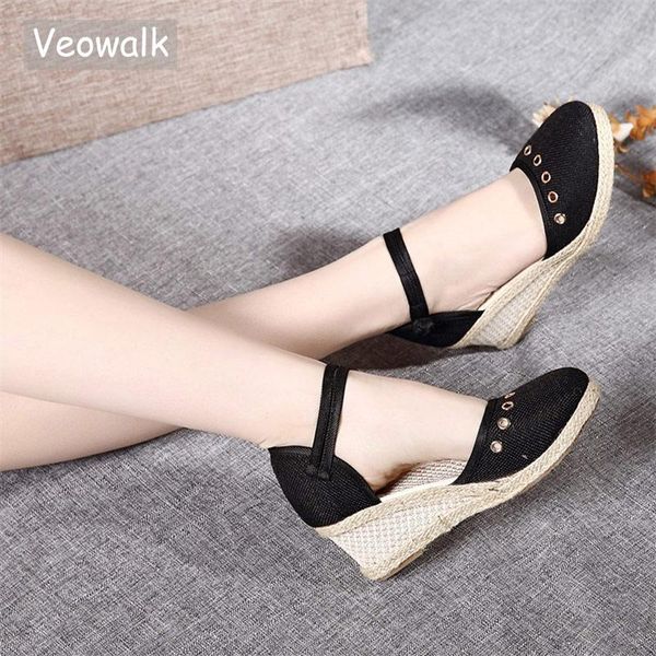 

sandals veowalk bohemian summer women linen 6cm wedge espadrilles handmade ankle strap close toe ladies casual platform shoes, Black