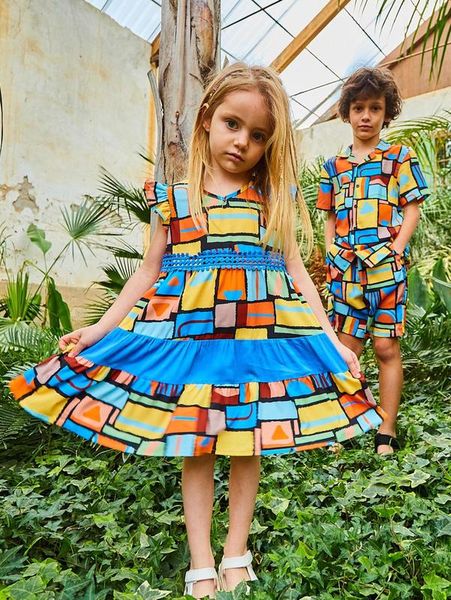

toddler girls butterfly sleeve geo print smock dress she, Red;yellow