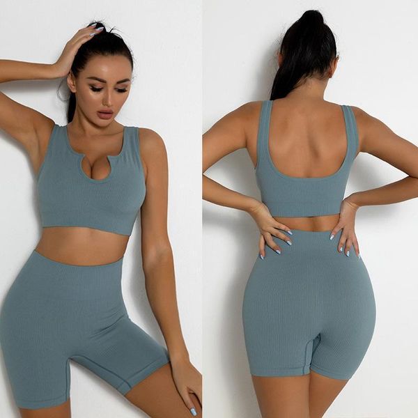 

yoga outfit 2piece fitness set women breathable padded bra high waist gym shorts female seamless short suit sports suits