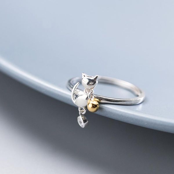 

cluster rings bamos fashion female cat ring simple real silver color open for women vintage wedding animal jewelry, Golden;silver