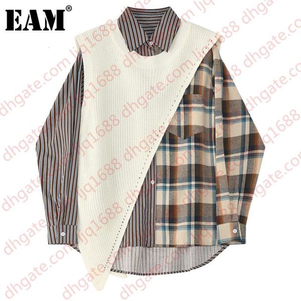 

eam] women plaid irregular big size blouse new lapel long sleeve loose fit shirt fashion tide spring autumn 2020 1dd0081, White