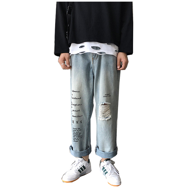 

men's pants retro street style ripped jeans men loose letter 2021, Black