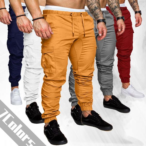

men's pants fashion multi-function pocket overalls sports trousers loose casual fitness jogger, Black