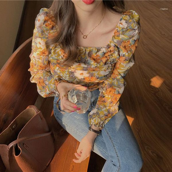 

blouse chiffon shirt holiday print retro slim pleat drawstring design short blusas puff long sleeve square collar office lady1, White