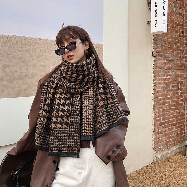 

autumn and winter korean thousand bird lattice women's double-sided two-color 2021 scarf medium long imitation cashmere shawl, Blue;gray