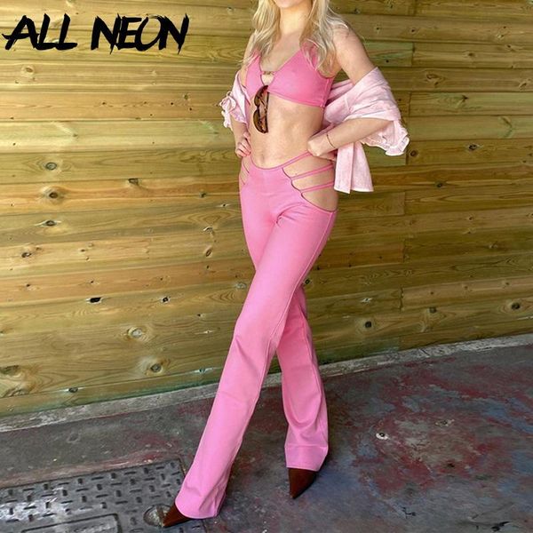 

women's two piece pants allneon streetwear y2k pink hollow out co-ord sets 2000s vintage deep v crop and high waist long 2 sexy, White