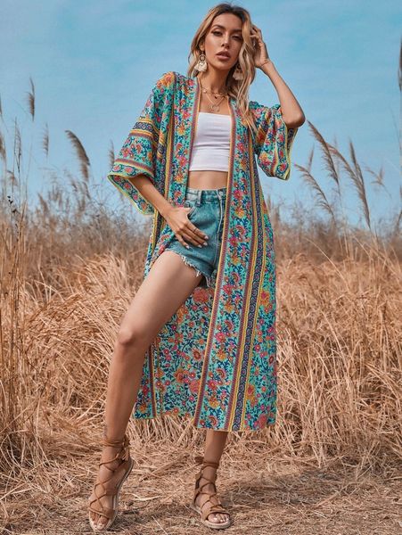 

floral open front longline kimono u8en#, White;black