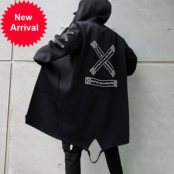 

2021 autumn men hooded jackets print harajuku windbreaker ribbon overcoat male casual outwear hip hop streetwear coats lbz155, Black;brown