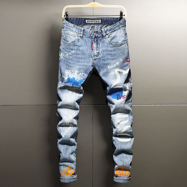 

2021 new fashion streetwear light blue slim fit elastic printed designer men cotton pants hip hop jeans homme dey0