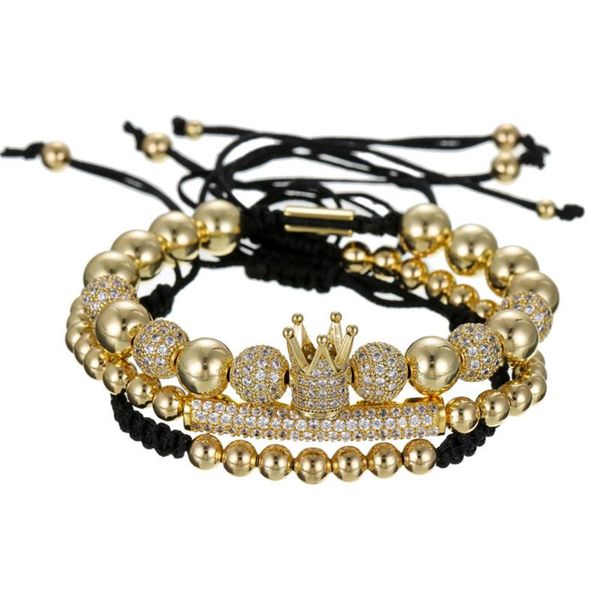 

beaded, strands 3pcs/set of luxury micropavÃ© copper beads cz zirconia gold crown and bar charm men's bracelet set valentine's day, Black