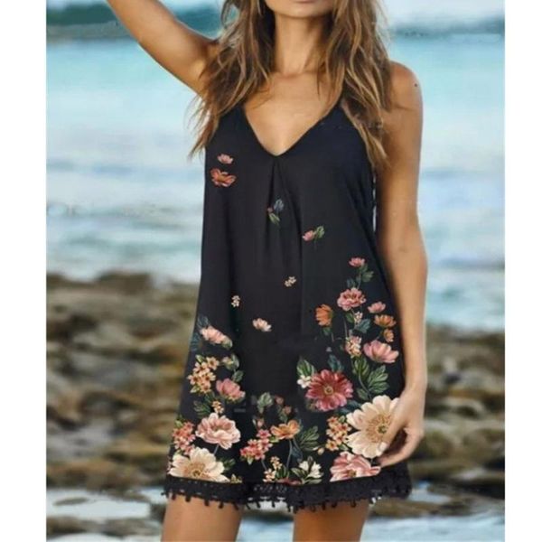 

casual dresses women's summer sling dress v-neck printing tassel fashion lace sleeveless beach sundresses, Black;gray