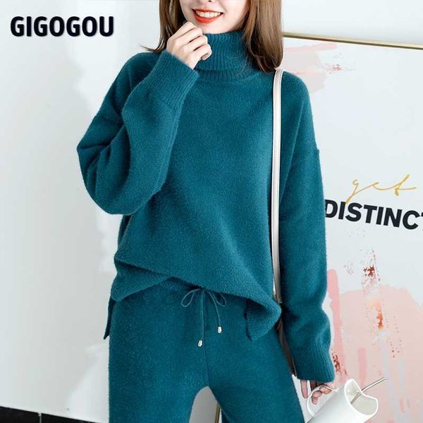 

gigogou luxury cashmere minsk women wide leg pant suits thick warm women turtleneck sweater tracksuits 2/two piece sets clothing 210929, White