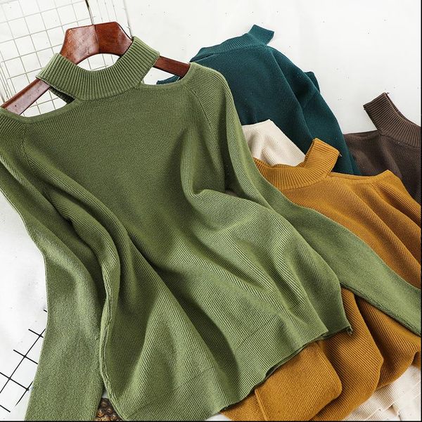 

halter neck off shoulder sweater for women streetwear fashion women long casual solid knitting pullovers sweater women, White;black