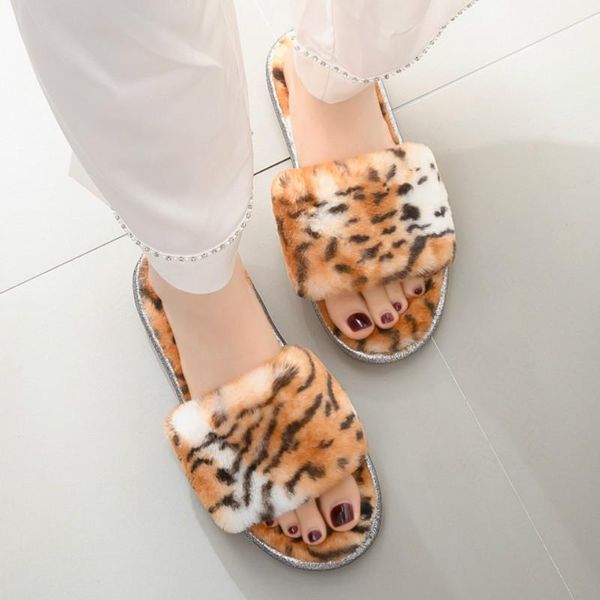 

new style woman slippers daily cute leopard print plush women's home slides sweet open-toe fashion warm flat female slipper, Black