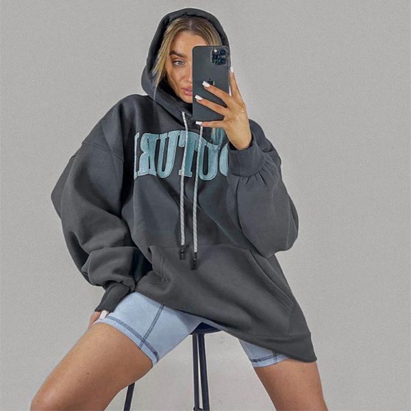 

women's hoodies & sweatshirts grey fashion letter print women hooded oversized long sleeve pullover autumn winter clothing y2k streetwe, Black