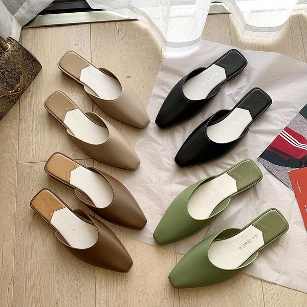 

slippers women slipper candy color flats shoes office & career casual square toe mules footwear spring summerjelly slide, Black