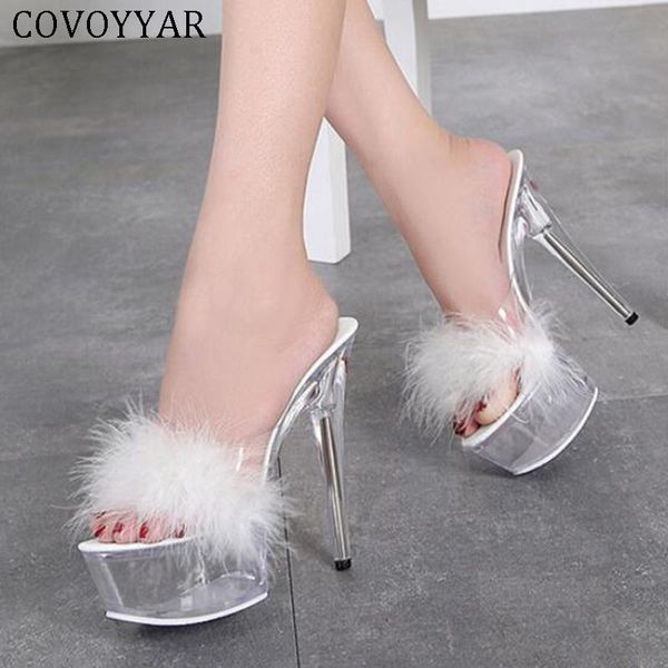 

slippers covoyyar extreme high heels women 15cm transparent heel lady pumps fur flurry slides autumn shoes woman whh199, Black