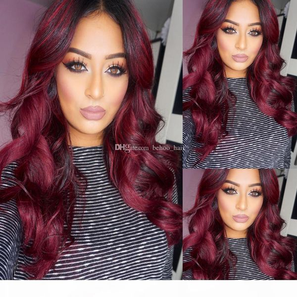 

two tone ombre burgundy full lace human hair wigs t1b 99j loose wavy peruvian virgin hair wine red glueless lace front wigs, Black;brown