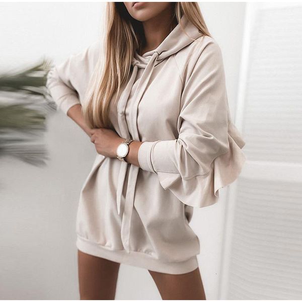 

2021 new women ruffles mid-length sweatshirt autumn winter mini hooded pullover long sleeve casual sweatshirts hoodies tbev, Black