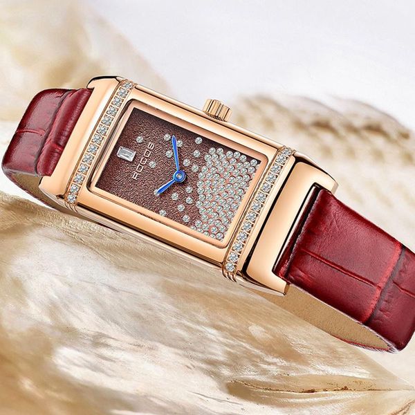 

wristwatches rocos luxury watch women diamond rose gold quartz leather band watches fashion simple clock relogio feminino, Slivery;brown