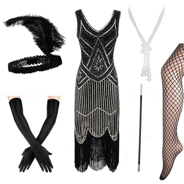 

casual dresses plus size 4xl women's flapper 1920s sequin beaded fringed great gatsby dress w/accessories set xs-xxxxl, Black;gray