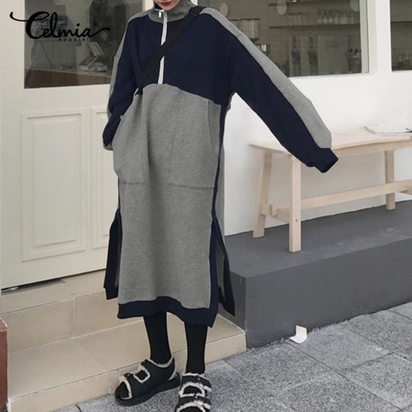 

casual dresses celmia women winter turtleneck sweatshirt dress fashion color block pockets zipper midi long sleeve split vestidos, Black;gray