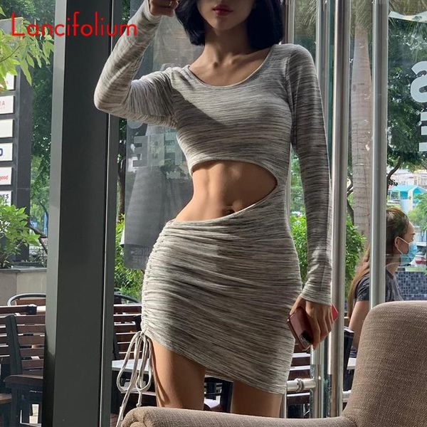 

casual dresses y2k shirt dress 2021 kawaii hollow out cold waist ruched long sleeve women korean party bodycon pencil mini, Black;gray