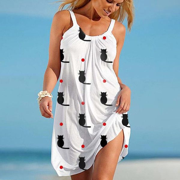 

casual dresses 2021 women summer fashion sleeveless cute cat cartoon printed hem loose beach dress ladies clothing, Black;gray