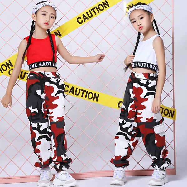 

hip hop clothes street wear kids loose camouflage pants jazz dancing cropped drums show wear stage costume girls clothes 1627, Black;red