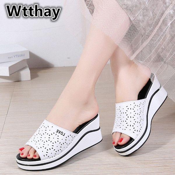

2020 new summer women slippers platform sandals shoes women slides sandals beach platform round toe cutout white wedge flip flop 3517#, Black