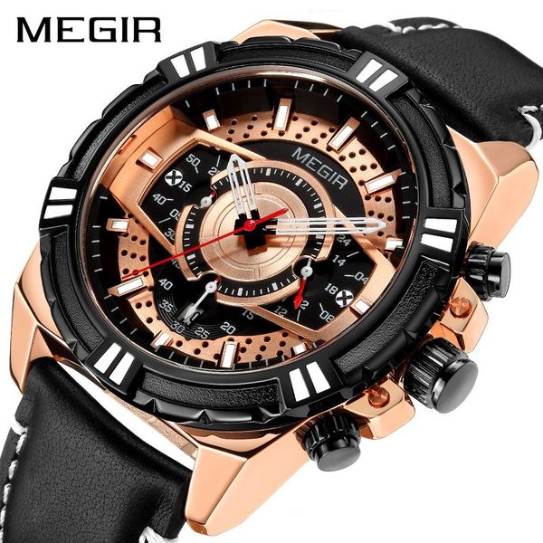 

wristwatches watches men megir chronograph sports waterproof leather quartz men's watch relogio masculino, Slivery;brown