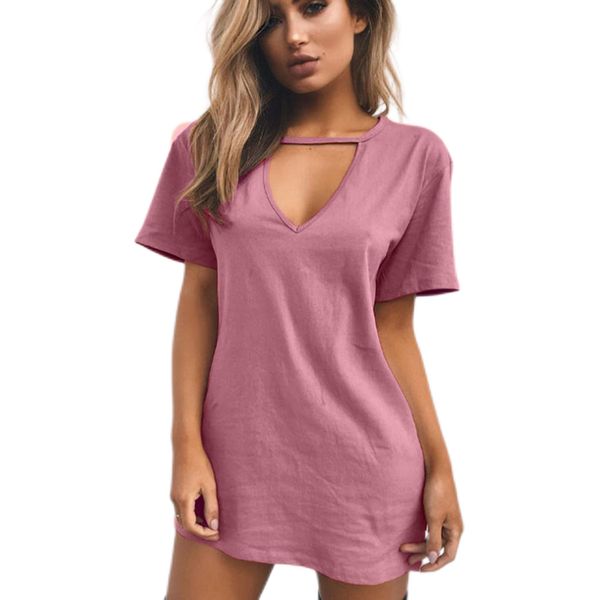 

deep v solid color t-shirt female loose dress, Black;gray