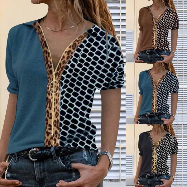 

women's t-shirt casual fashion print zipper lapel color blocking short-sleeved shirt streetwear tee tees t-shirts, White