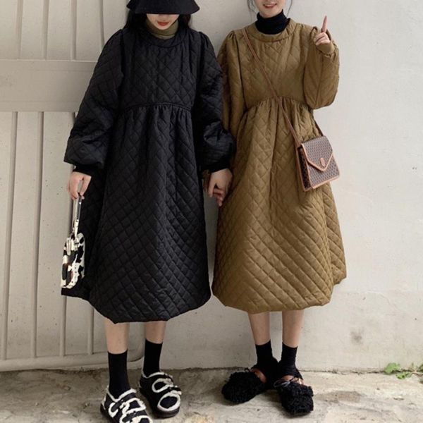 

casual dresses 2021 cotton-padded long sleeve dress french design down cotton warm padded ladies parka a-line vestidos, Black;gray