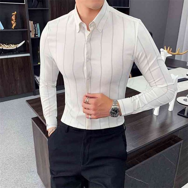 

men dress shirt long sleeve vertical stripes slim fit casual formal wear business s clothes 210809, White;black