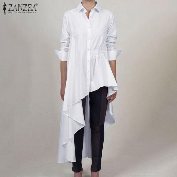 

fashion zanzea women high low shirts spring asymmetrical tunic solid lapel long sleeve blouse female blusas chemise, White