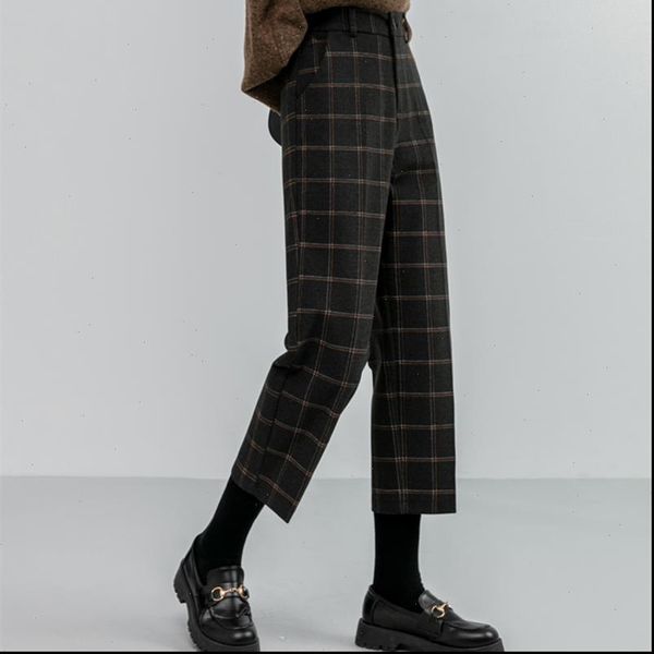 

2020 new autumn winter woolen plaid women formal straight pants high waist ankle length chic loose ladies pants pocket plus size, Black;white