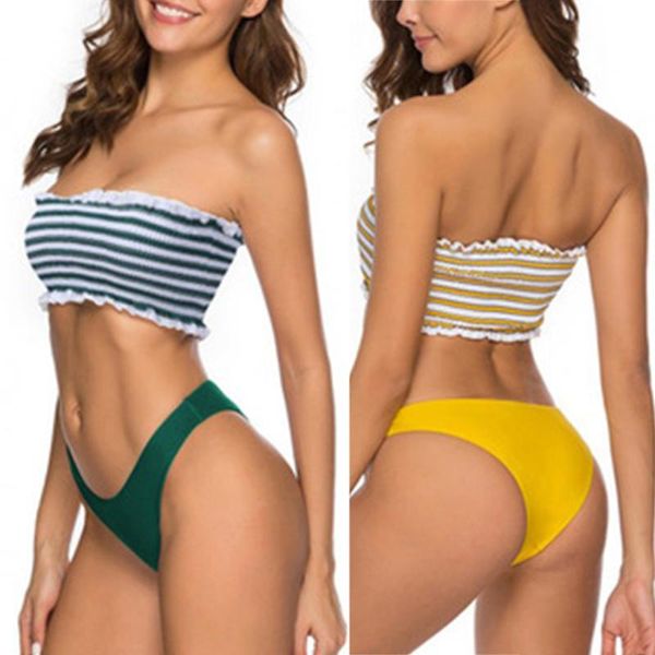 

women's swimwear women 2021 summer fresh yellow striped bandeau push-up padded bikini suit bathing beachwear, White;black