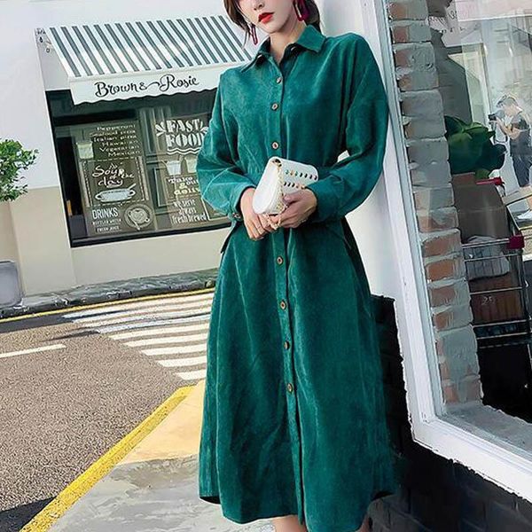 

casual dresses normov 2021 autumn winter long shirt dress women sleeve green vintage turn-down collar waist belt solid color button, Black;gray