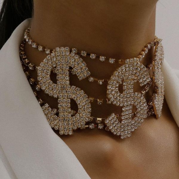 

chokers mogaku exaggerated dollar pattern clavicle necklace for women fashion punk zircon men full crystal choker jewelry, Golden;silver