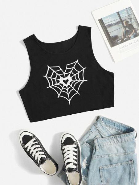 

plus heart & spiderweb print tank 46gi#, Black