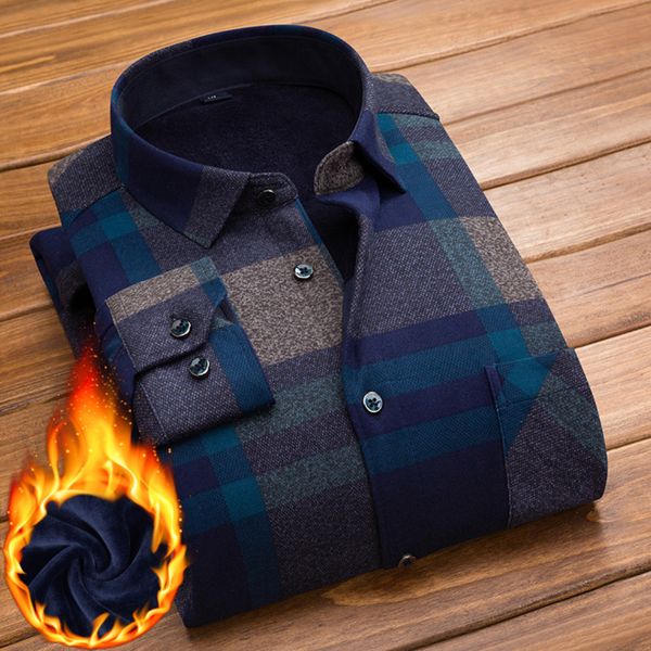 

Winter men's Plush thickened warm style long sved Plaid Shirt Korean Fashion Top middle-aged bottomed shirt, White;black