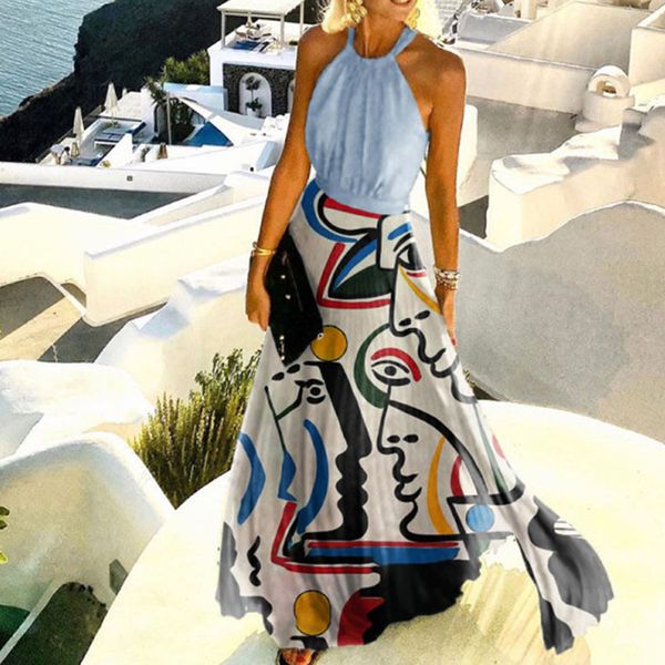

women long dress summer sleeveless halter female elegant vintage print pleated robe, Black;gray