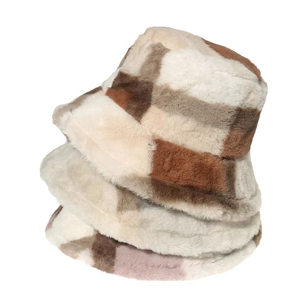 

femme gorro lady outdoor cap panama soft warm faux fur plaid women fashion bucket hat winter, Blue;gray