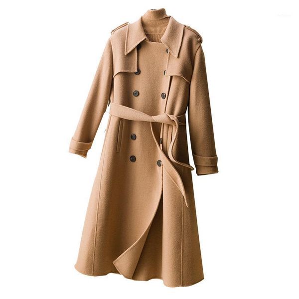 

women's wool & blends 2021 autumn winter women trench coat solid color female overcoat slim elegant ladies outerwear fashion high quati, Black