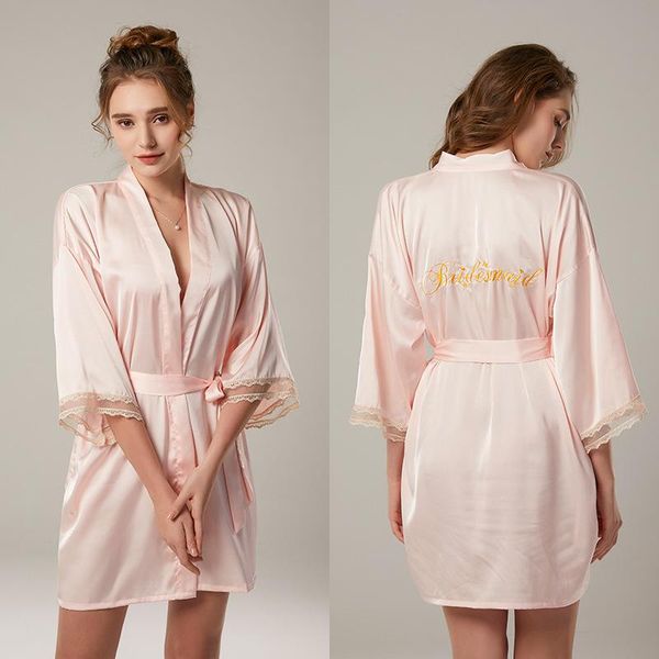 

women's sleepwear 2021 lace kimono robe women satin nightwear short homewear bride bridesmaid wedding bathrobe gown half sleeve, Black;red