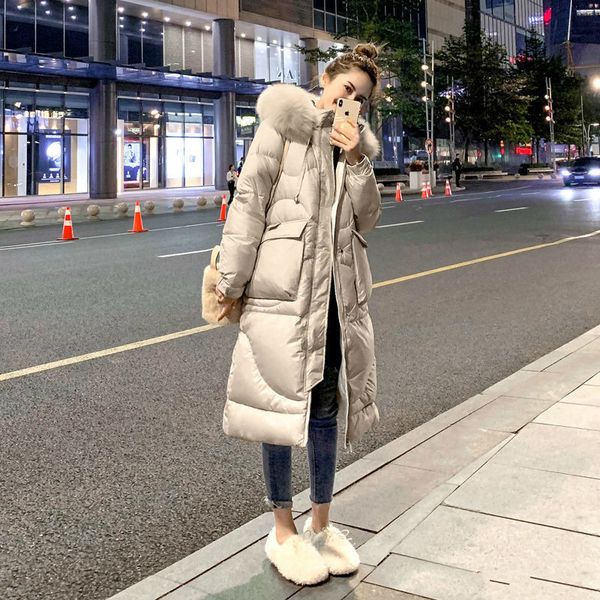 

2021 new women winter large real fox fur collar long hooded coat female 90% white duck down thick parkas warm snow outerwear l800h6hl, Black