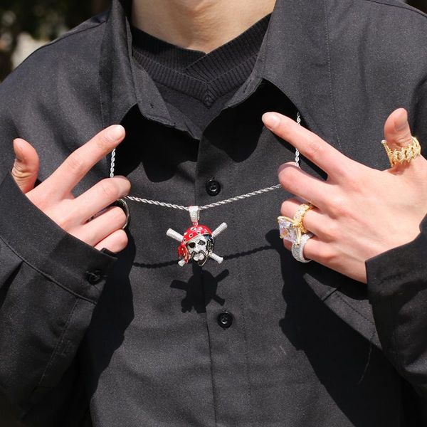 

bangle zircon inlaid colorful skull pendant hip hop punk trendsetter necklace, Black