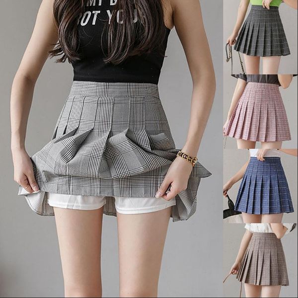 

women short pleated plaid skirt korean slim fit high waist preppy style skirts girls mini a line cute clothes, Black